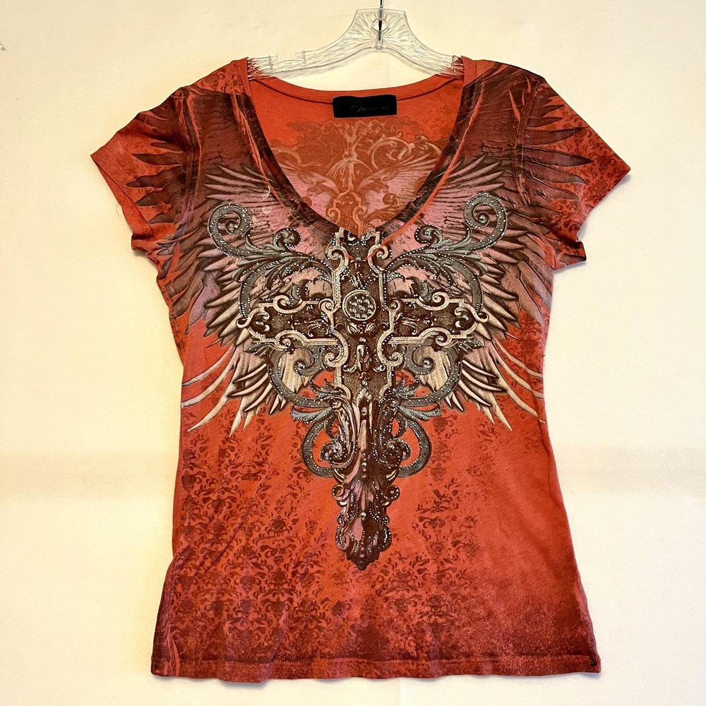 Angels & Diamonds Graphic V Neck Shirt Rhinestone Biker Grunge Goth Y2k L